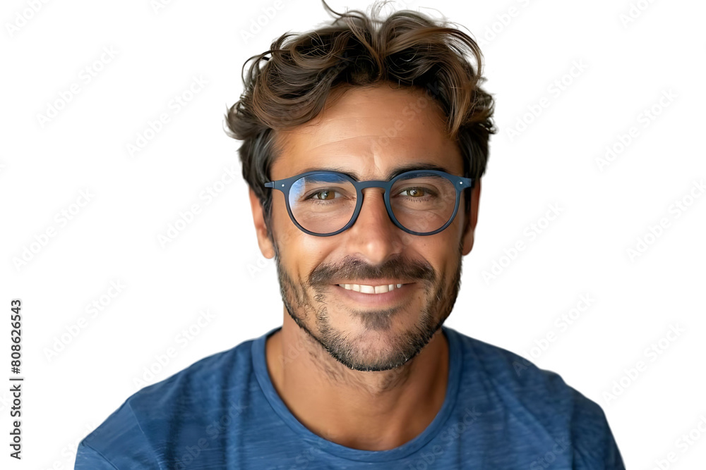 smiling attractive man in blue t-shirt and trendy eyeglasses on isolated transparent background smiling attractive man in blue t-shirt and trendy eyeglasses on isolated transparent background