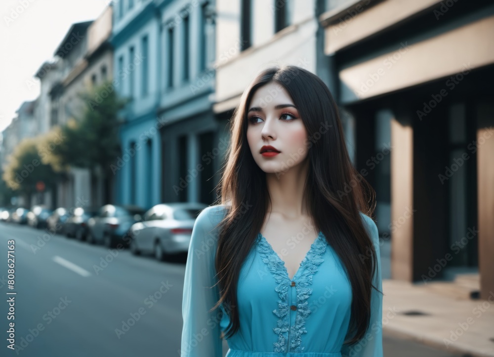 a woman with long hair standing on a street corner in a blue dress with a blue building in the background,
