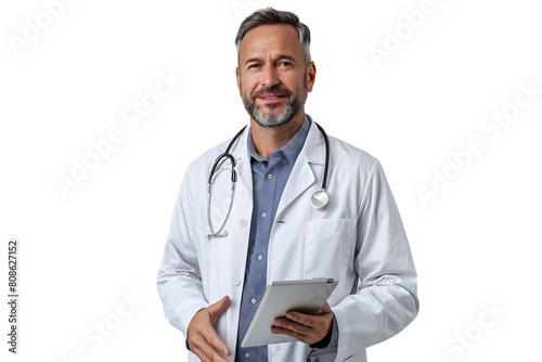 Handsome man doctor standing holding tablet on isolated transparent background