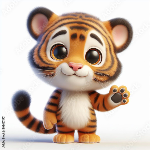 3D funny tiger cartoon on white background