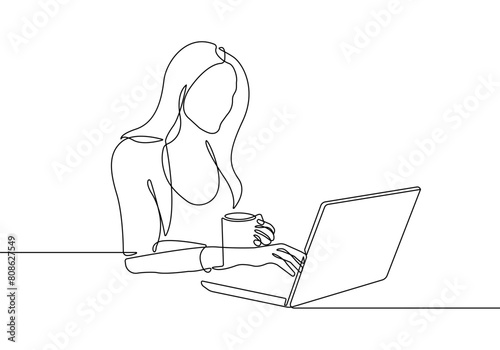 Continuous One Line Drawing of Woman with Laptop. Female Working One Line Illustration. Business Concept Abstract Minimalist Contour Drawing. Vector EPS 10