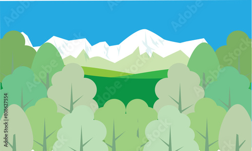 自然豊かな緑の森と山脈風景イラスト背景素材