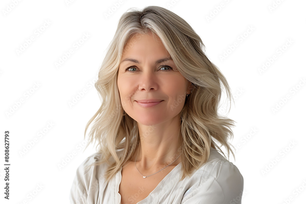Happy blond haired mid aged woman standing on isolated transparent background Happy blond haired mid aged woman standing on isolated transparent background