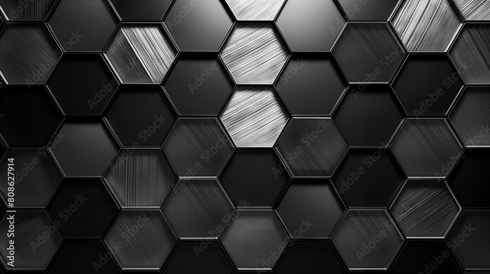 Geometric background with hexagonal shaped elements. Wallpaper with metallic hexagons in black, gray and silver. Abstract technology background. Flat lay. Geometric background with hexagonal shaped elements. Wallpaper with metallic hexagons in black, gray and silver. Abstract technology background. Flat lay.