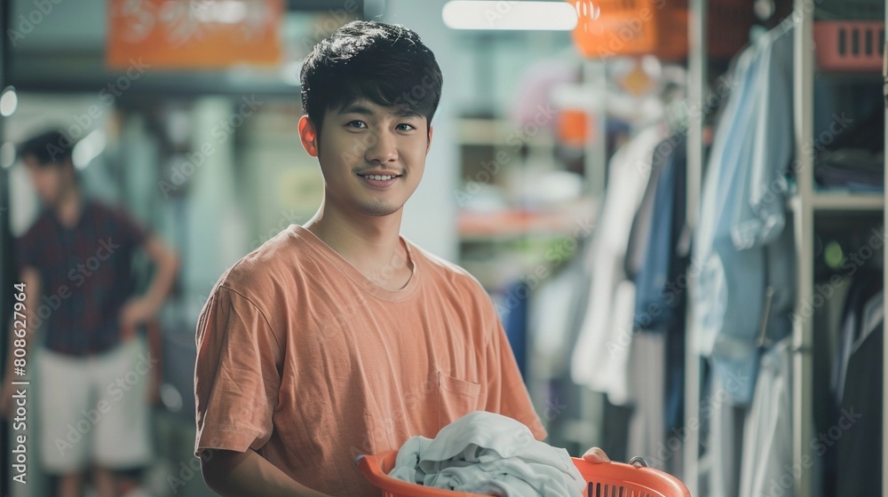 Fotografie Young Asian man doing laundry, holding laundry basket.