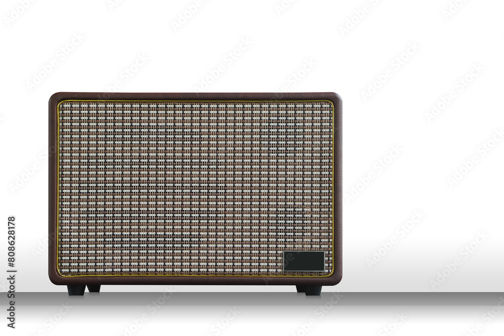 front view brown leather and gold radio on gradient floor, on white background, technology, object, music, fashion, copy space front view brown leather and gold radio on gradient floor, on white background, technology, object, music, fashion, copy space