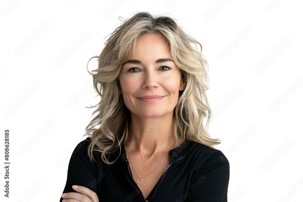 Happy blond haired mid aged woman standing on isolated transparent background Happy blond haired mid aged woman standing on isolated transparent background