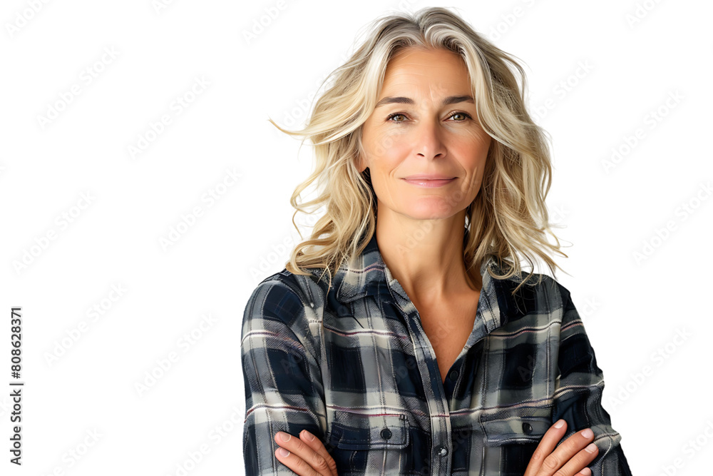 Happy blond haired mid aged woman standing on isolated transparent background Happy blond haired mid aged woman standing on isolated transparent background