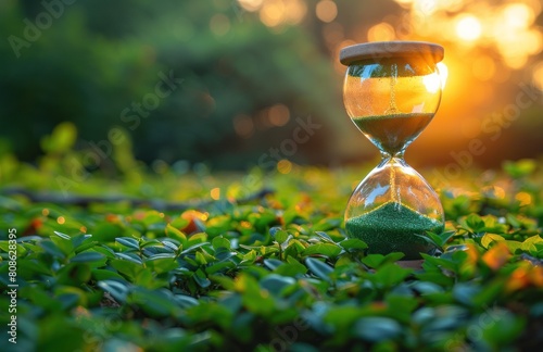 Close up of an Hourglass in natural green crops background with sunrise effect