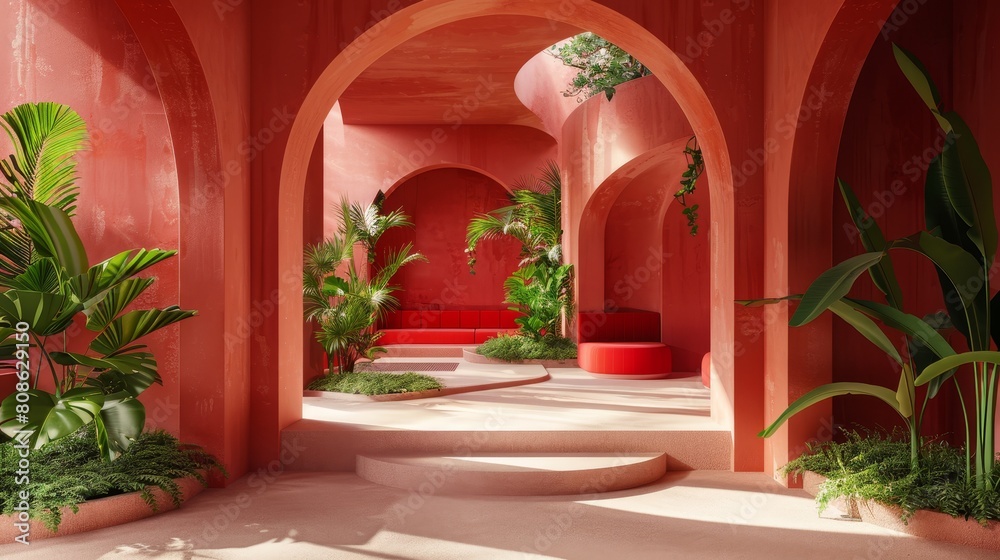 Modern interior in shades of red with elegant arches and scattered greenery, showcasing an organic aesthetic