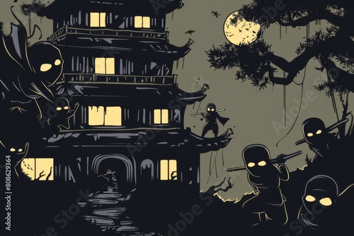 Cartoon cute doodles of a group of ninja stealthily infiltrating an enemy stronghold under the cover of darkness in feudal Japan, Generative AI photo