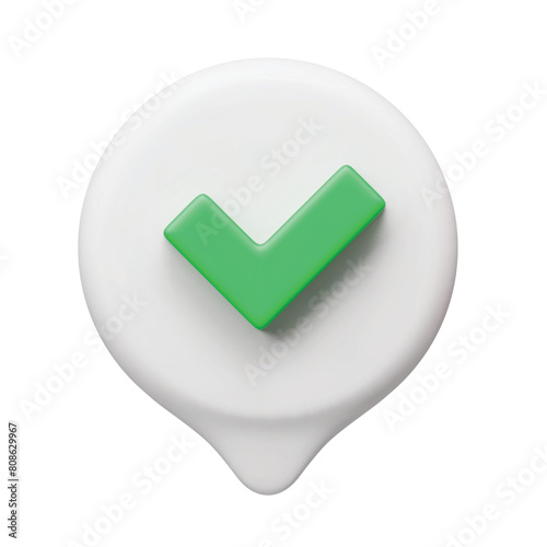 3d green tick mark symbol in chat or thinking bubble. Social media notification sign. Validation, choice symbol, safe account, confirmed transaction three-dimensional vector