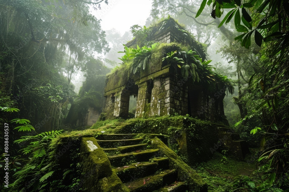 Ancient ruins hidden in the jungle, ancient and overgrown Mayan temple ruins in the jungle, Ai generated Ancient ruins hidden in the jungle, ancient and overgrown Mayan temple ruins in the jungle, Ai generated