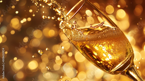 Sparkling Champagne Pouring into Glass with Golden Bokeh Background.