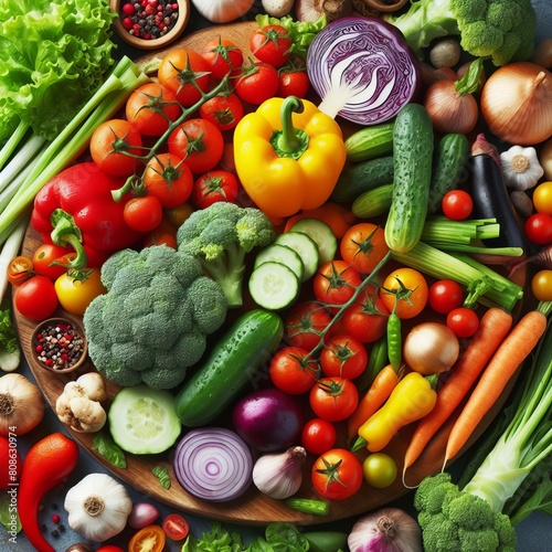 Close up of a colorful array of fresh vegetables on a cutting bo