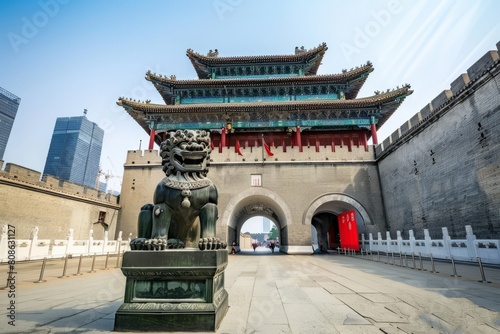 A historic Chinese city gate with towering walls, ornate archways, and guardian lion statues, welcoming visitors to the ancient city, Generative AI photo