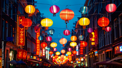 Chinese new year traditional lanterns, in city downtown street.
