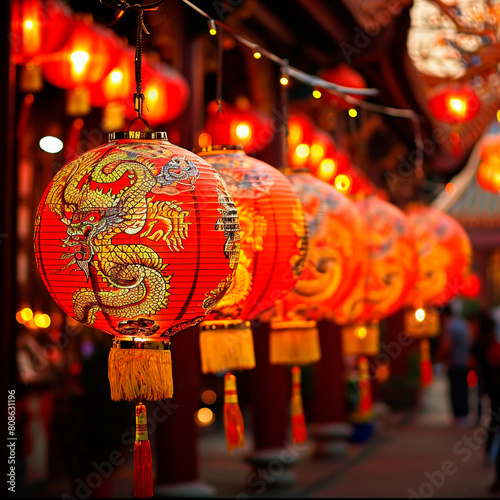 Chinese new year traditional lanterns, in city downtown street. © 3r1k_ai