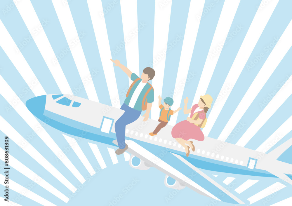 Φωτογραφία トラベル　夏　フレーム　人物　家族　ファミリー　飛行機　旅行　アイソメトリック風　イラスト素材