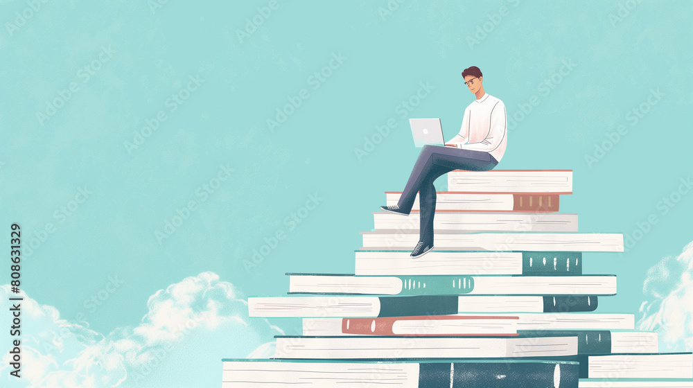 Man Sitting on Stack of Books High in the Sky with Laptop Man Sitting on Stack of Books High in the Sky with Laptop