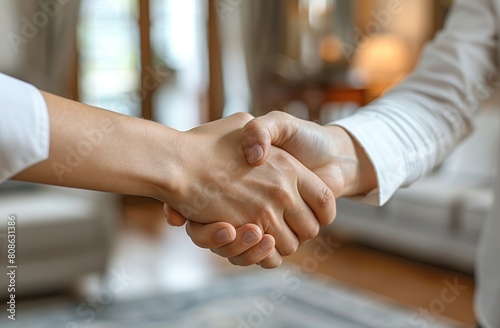 A man and a woman are exchanging a handshake across a sturdy table, showcasing their wrist movements and finger alignment