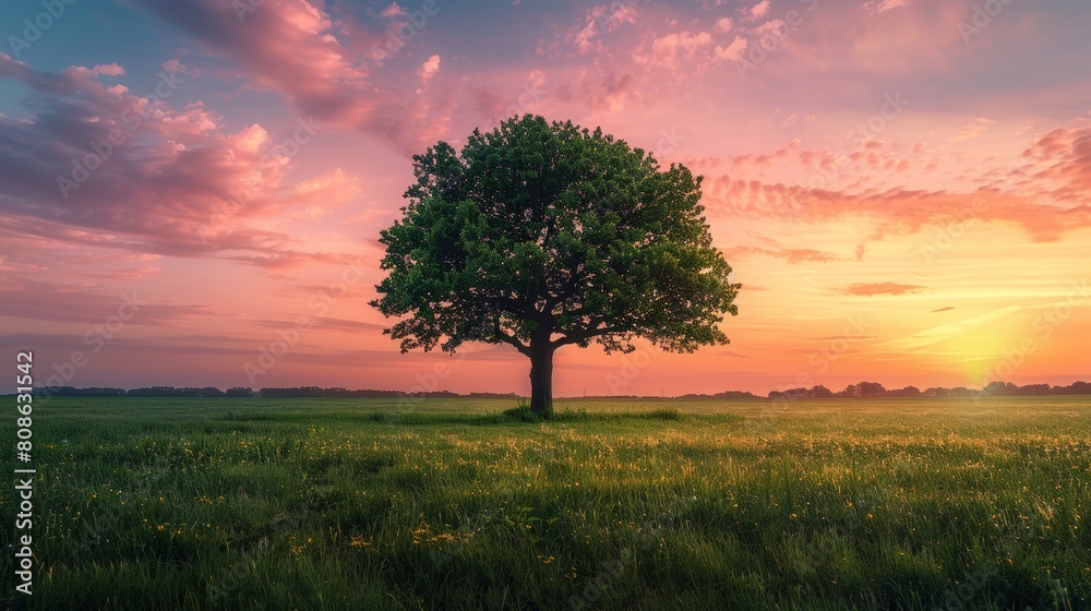 Intimate portrayal of a single beautiful tree standing tall in a soft, grassy field, under a vast, colorful sky at dusk