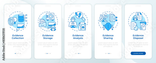 Evidence organization blue onboarding mobile app screen. Walkthrough 5 steps editable graphic instructions with linear concepts. UI, UX, GUI template. Montserrat SemiBold, Regular fonts used photo