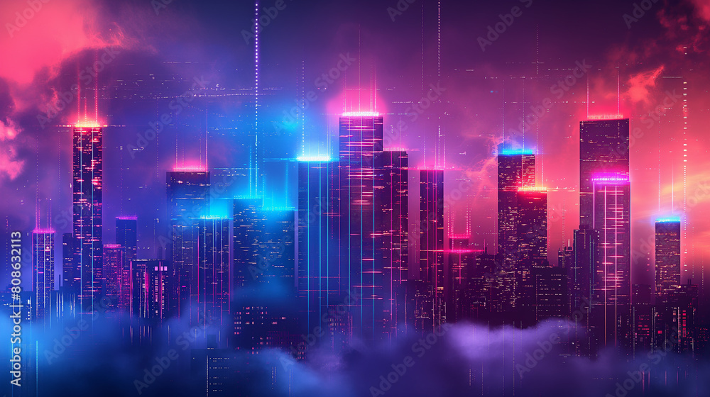 A cityscape with neon lights and a cloudy sky