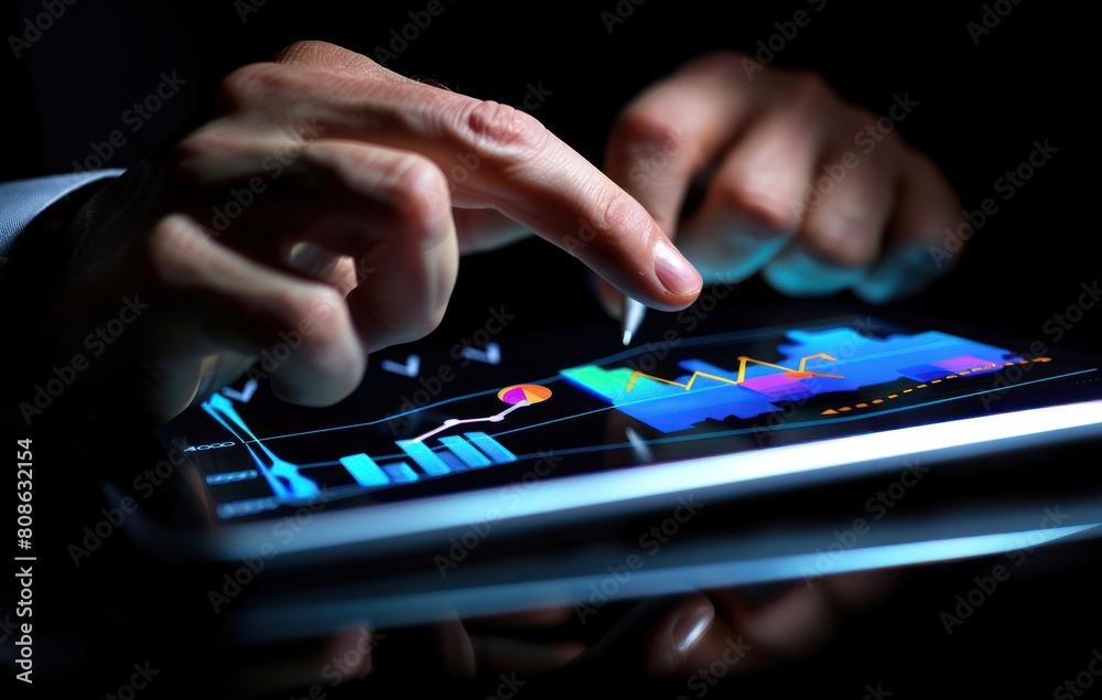 A professional is analyzing financial data on a tablet, interacting with charts and graphs displayed on the screen in a corporate setting. A professional is analyzing financial data on a tablet, interacting with charts and graphs displayed on the screen in a corporate setting.
