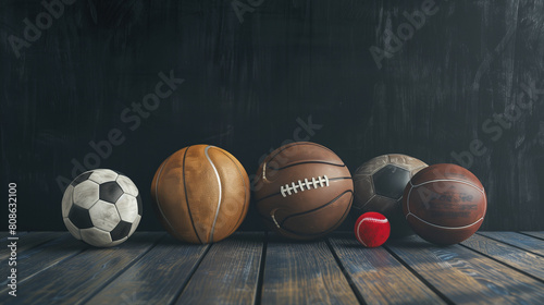 Assorted Sports Balls on Wet Wooden Floor in Dark Atmosphere