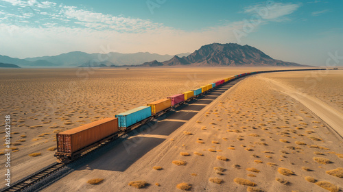 A train is traveling down a track in a desert photo