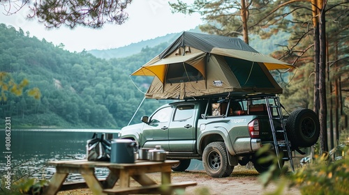 Deep within a dense forest, the pickup truck is parked in a secluded clearing, with the rooftop tent perched among the treetops, offering a unique vantage point. --ar 16:9 
