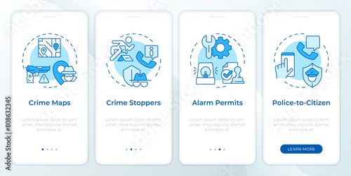 Crime prevention measures blue onboarding mobile app screen. Walkthrough 4 steps editable graphic instructions with linear concepts. UI, UX, GUI template. Montserrat SemiBold, Regular fonts used