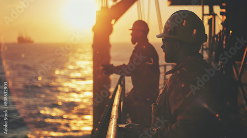 Caucasian industrial workers in the oil tube station at sea during sunset