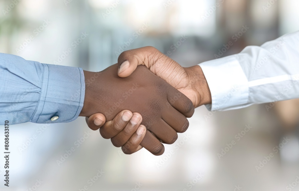 Close up image of businessmen shake hands for deal, modern glass building as background Close up image of businessmen shake hands for deal, modern glass building as background