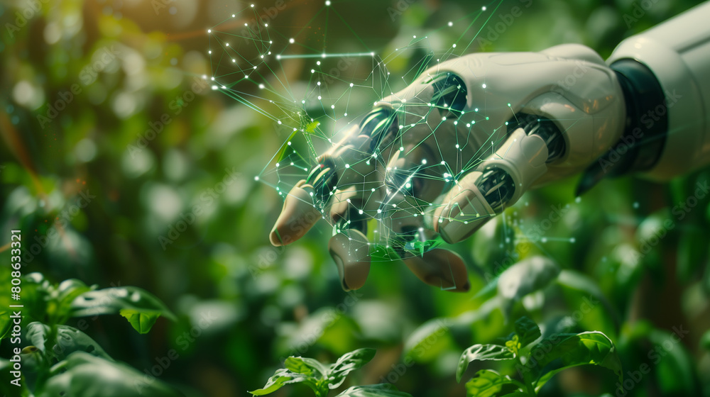 smart farming with futuristic agriculture technology concept, hand man point to robot hand together with mesh of commnuinty network with use artificial intelligence, 5g, machine learning mixed reality smart farming with futuristic agriculture technology concept, hand man point to robot hand together with mesh of commnuinty network with use artificial intelligence, 5g, machine learning mixed reality