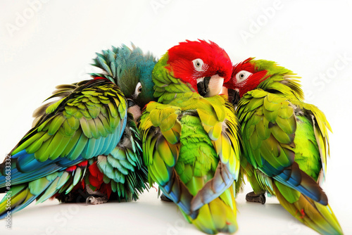 Three parrots preening peacefully