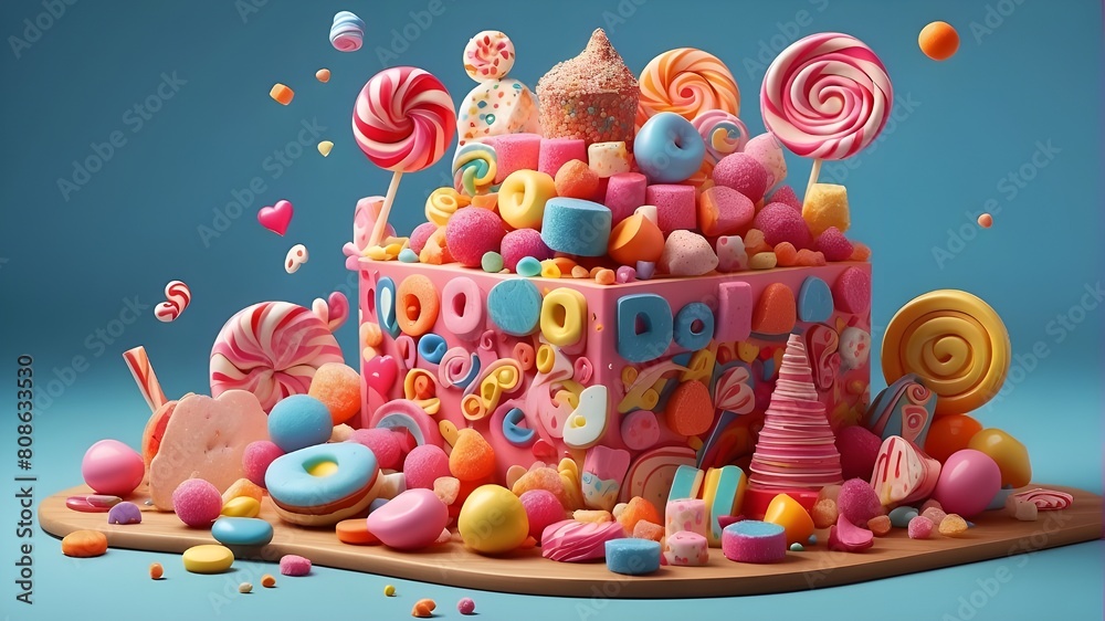 A wacky three-dimensional confectionery featuring sweets and colorful decorations AI-generated visual aid