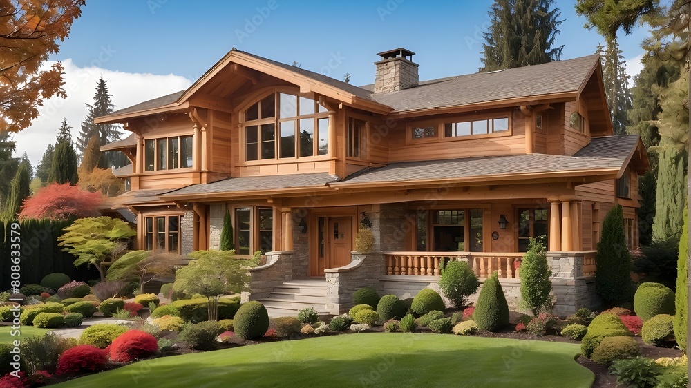 Wooden House. Classical Exquisite Home with Gorgeous Garden and Stained Cedar Wood Siding