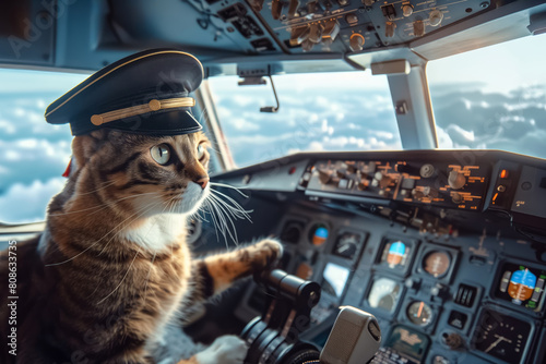 A tabby cat dressed as an airline pilot controls the cockpit of a plane, soaring high above the clouds.