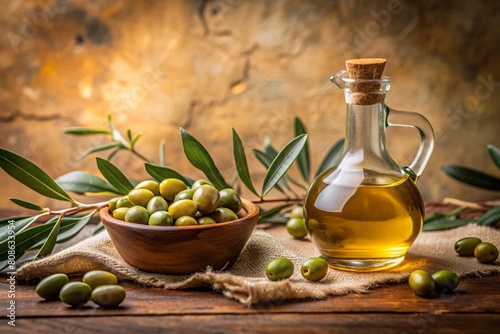Olive oil in a beautiful bottle with fresh olives and flowering olive branches on a beige background.