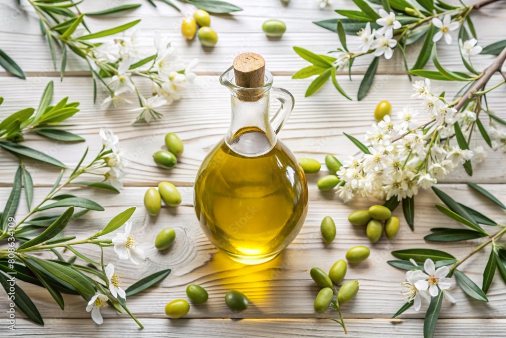 Olive oil in a beautiful bottle with fresh olives and flowering olive branches on a light background. Olive oil in a beautiful bottle with fresh olives and flowering olive branches on a light background.