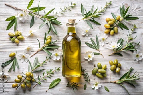 Olive oil in a beautiful bottle with fresh olives and flowering olive branches on a light background.