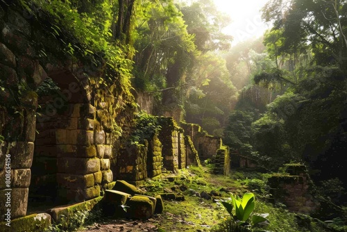 Ancient ruins hidden in the jungle, ancient and overgrown Mayan temple ruins in the jungle, Ai generated