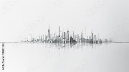 Panoramic minimalist wall art featuring a line drawing of a skyline with sparse architectural details in black ink on a pristine white background