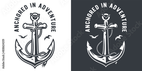 Black and white emblem featuring a prominent anchor, intertwined with a rope and the phrase anchored in adventure, symbolizing sea exploration and ocean-inspired journeys