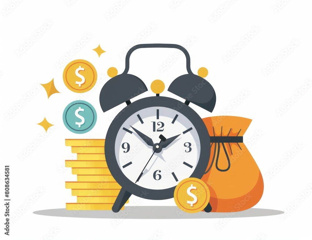 Alarm clock and a money bag. Loan, credit, mortgage concept. Deposit, money investment. Planning work. Business strategy and investment. Alarm clock and a money bag. Loan, credit, mortgage concept. Deposit, money investment. Planning work. Business strategy and investment.