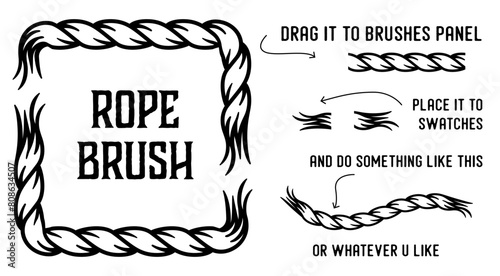 Nautical rope brush for graphic design, featuring instructions on dragging it into the brushes panel and applying it to swatches for creative projects photo