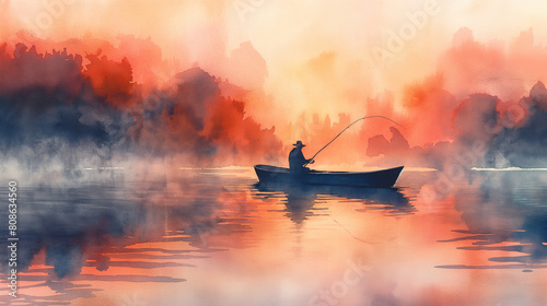 A man is fishing in a boat on a lake photo