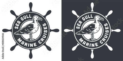 Black and white nautical logo featuring a seagull, suitable for marine cruise branding, representing the spirit of sea adventures and ocean exploration in a timeless design